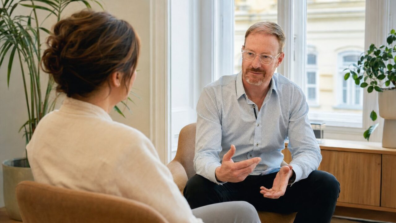 Tobias Judmaier im Erstgespräch mit einer Klientin in seiner Coaching-Praxis in Wien