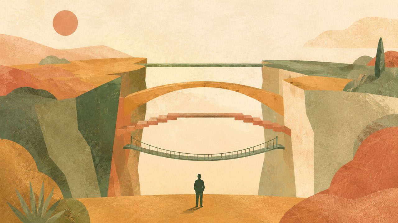 Illustration von vier unterschiedlichen Brücken über dieselbe Kluft, davor eine kleine Figur – Sinnbild für den Vergleich von EAP, externer Beratung und betrieblicher Gesundheitsförderung