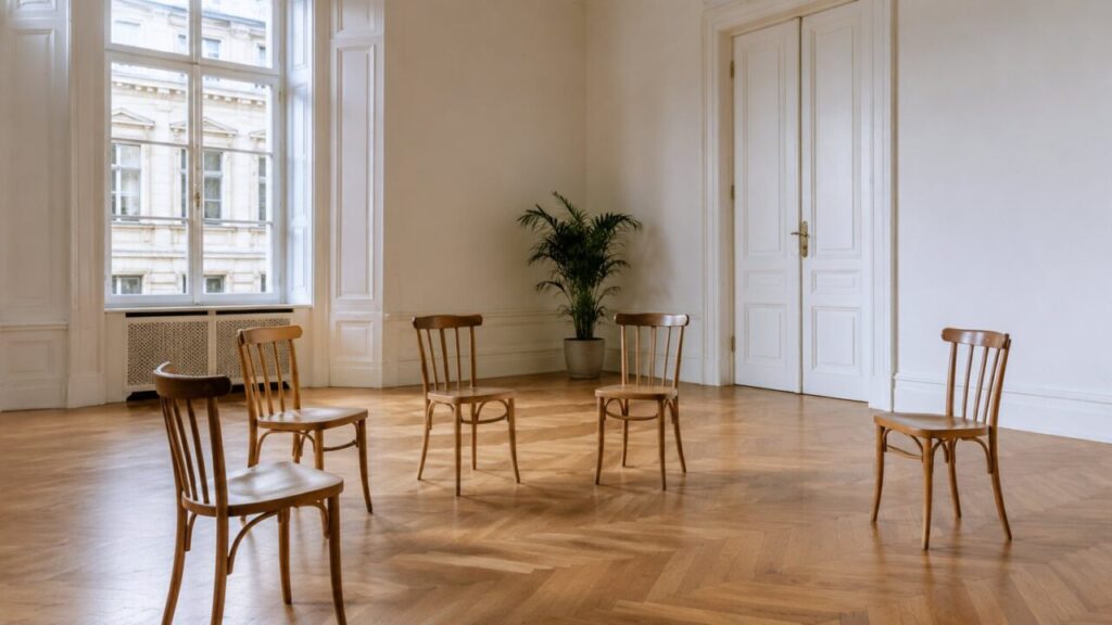 Empty wooden chairs arranged in a loose semicircle in a bright Viennese room – symbolic image for a family constellation setting