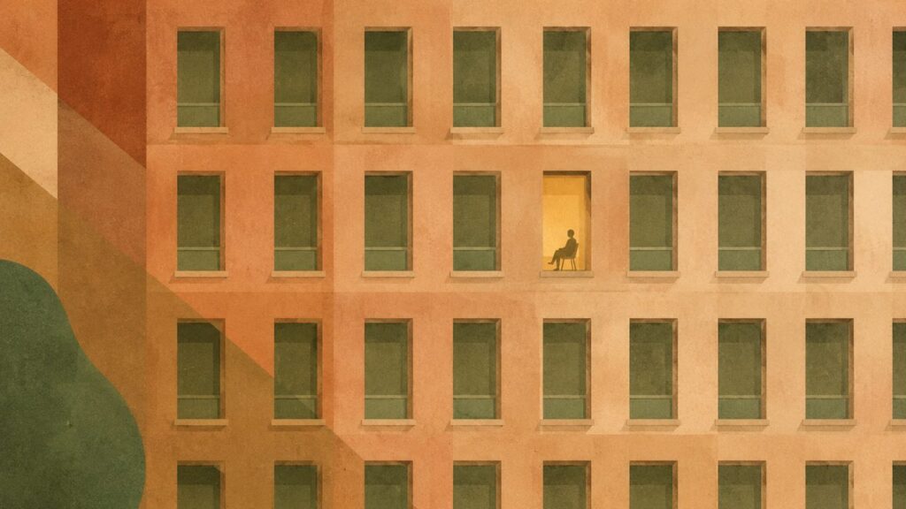 Illustrierte Bürofassade mit vielen gleichen Fenstern, in einem davon sitzt eine einzelne Figur im warmen Licht – Sinnbild für die Fürsorgepflicht gegenüber dem Einzelnen