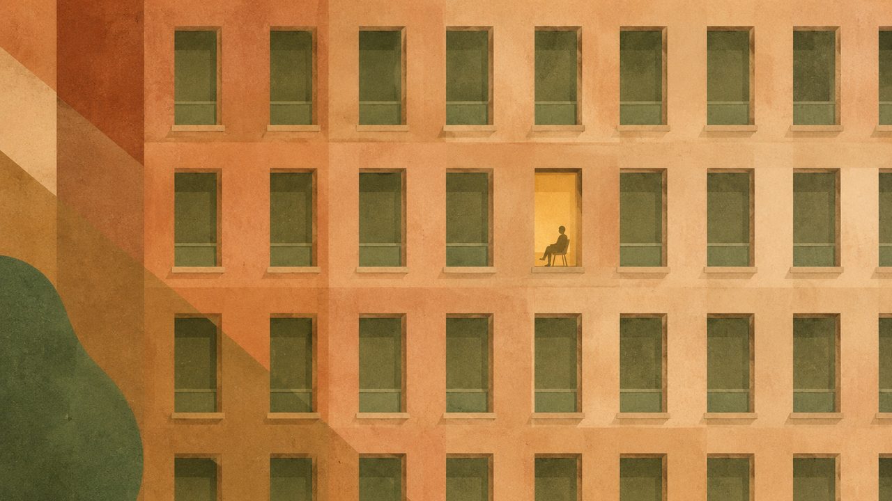 Illustrierte Bürofassade mit vielen gleichen Fenstern, in einem davon sitzt eine einzelne Figur im warmen Licht – Sinnbild für die Fürsorgepflicht gegenüber dem Einzelnen
