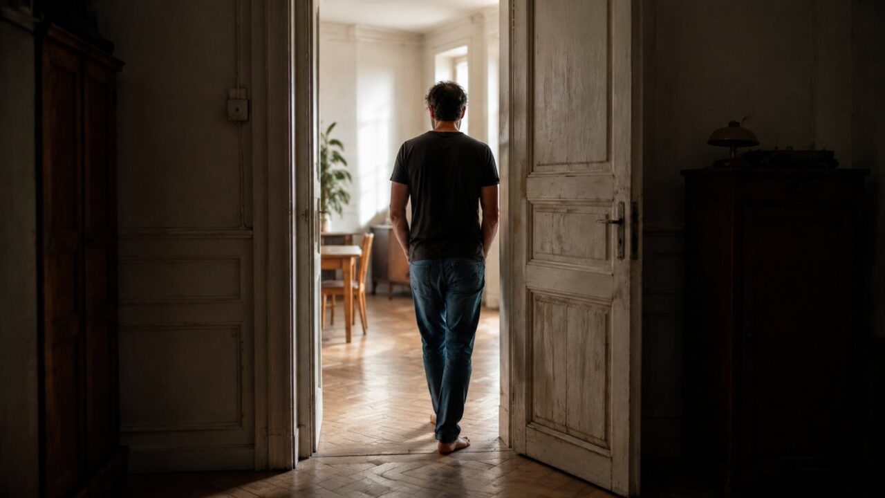Person tritt in einem Altbauzimmer durch eine offene Tür vom dunklen in den hellen Raum – Sinnbild für die Veränderung von Glaubenssätzen