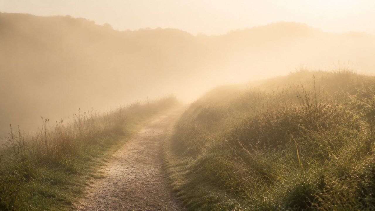 Schmaler Weg, der sich im Morgennebel verliert – Symbolbild für Orientierung, wenn die Zukunft ungewiss ist