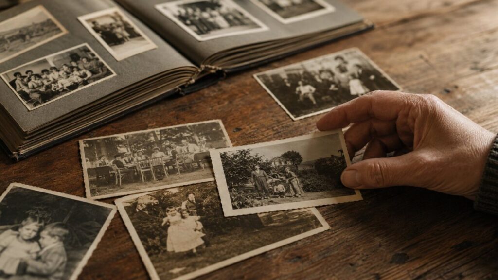 Alte Familienfotos auf einem Holztisch, eine Hand nimmt eines auf – Sinnbild für transgenerationale Traumata