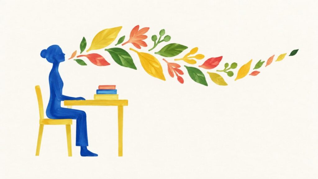 Illustration im Scherenschnitt-Stil: Eine Frau sitzt am Schreibtisch mit Büchern, aus ihrem Atem strömt eine lange Welle aus Blättern, Sinnbild für Entspannung durch Atemübungen