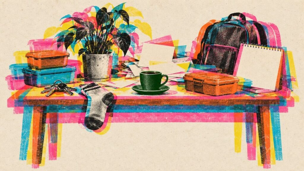 Illustration im Siebdruck-Stil: Ein Küchentisch voller Alltagsdinge, mehrfach versetzt übereinandergedruckt, nur eine grüne Tasse steht scharf und ruhig in der Mitte, Sinnbild für Mental Load