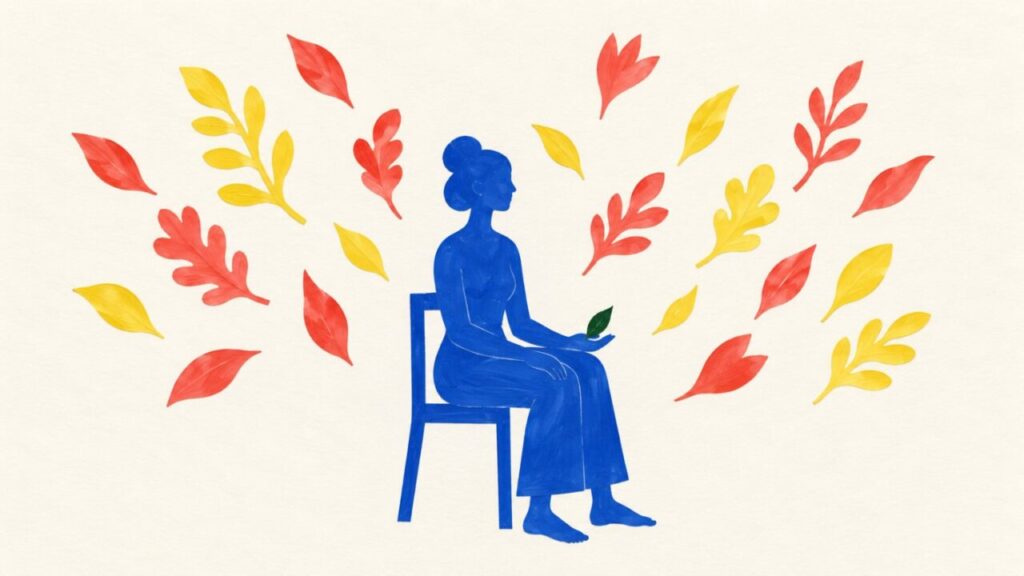 Illustration im Scherenschnitt-Stil: Eine Frau sitzt ruhig auf einem Stuhl, Blätter wehen von ihr fort, nur ein grünes Blatt bleibt in ihrer offenen Hand, Sinnbild für Präsenz
