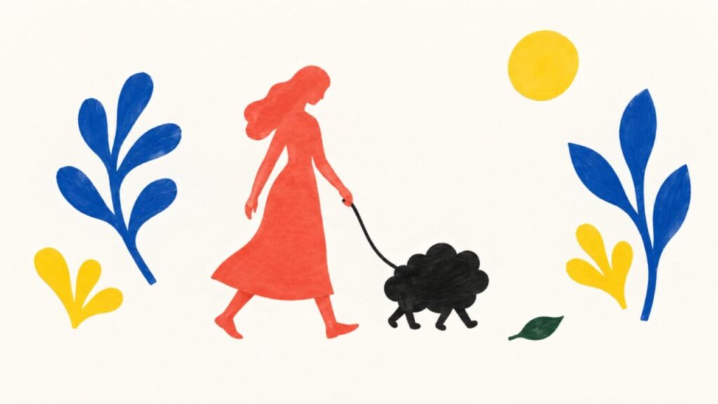 Illustration im Scherenschnitt-Stil: Eine Frau führt eine kleine schwarze Gewitterwolke an der Leine spazieren, Sinnbild für Wut als Gefühl, das man begleiten kann